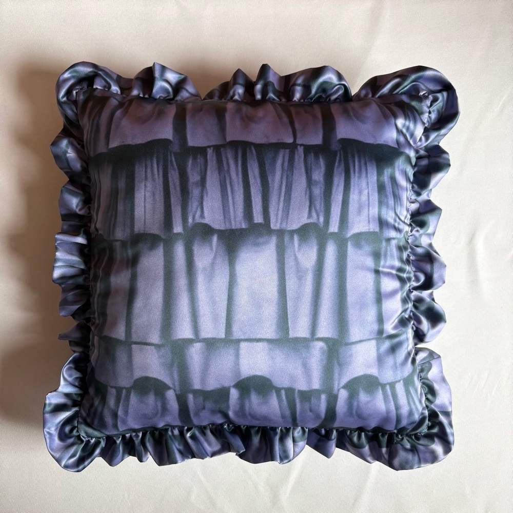 One of a kind Trompe L’oeil ruffle print throw pillow 18”, dark lavender